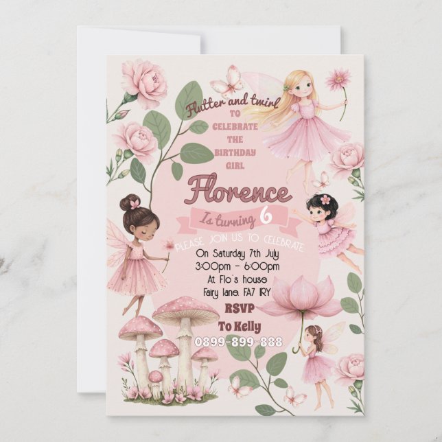 Girly fairy birthday party invitation  (Devant)