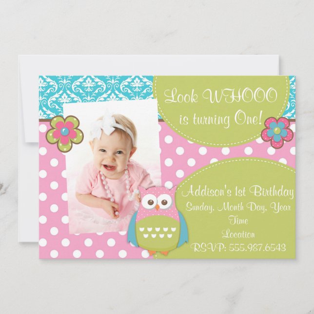 Girly Hoot Owl Design Anniversaire Invitation (Devant)
