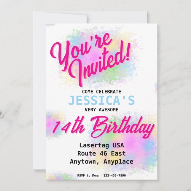 Girly Paint Splatter Invitation de fête d'annivers (Devant)