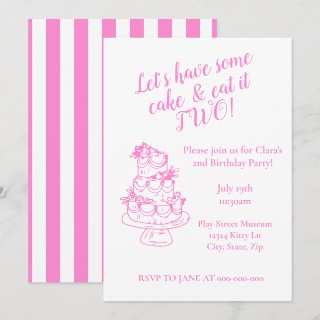 Girly Pink 2nd Birthday Invitation - Cake Theme  (Devant / Derrière)