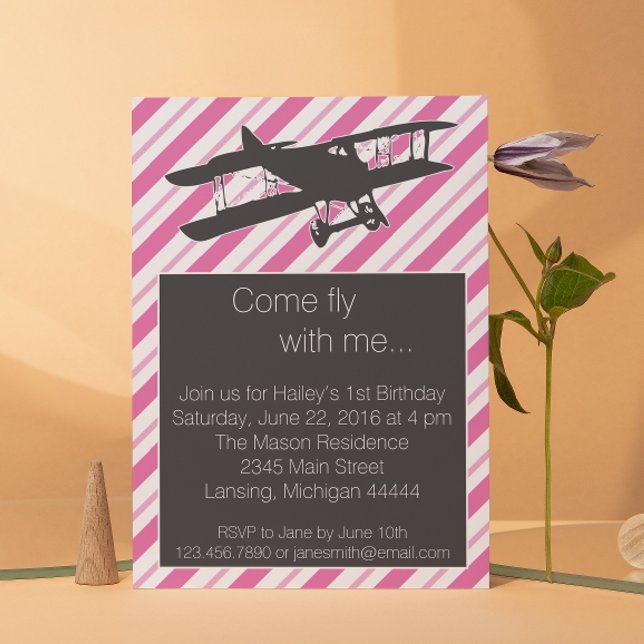 Girly Pink Avion Vintage Invitation d'anniversaire (Créateur téléchargé)