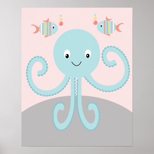 Girly Sea Ocean Life Pink Octopus Art Poster (Devant)