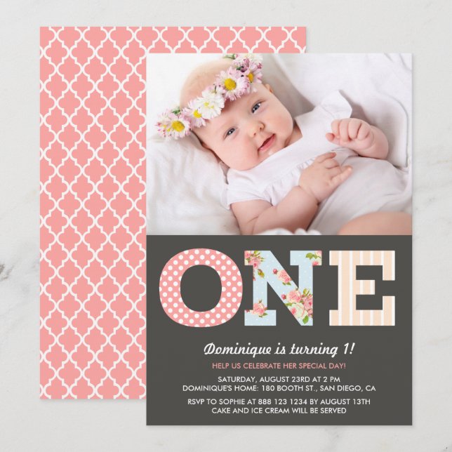 Girly Shabby Chic First Birthday Photo Invitation (Devant / Derrière)