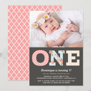 Girly Shabby Chic First Birthday Photo Invitation