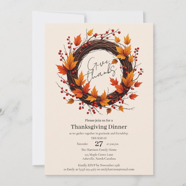 Give Thanks Autumn Wreath Thanksgiving Invitation  (Devant)