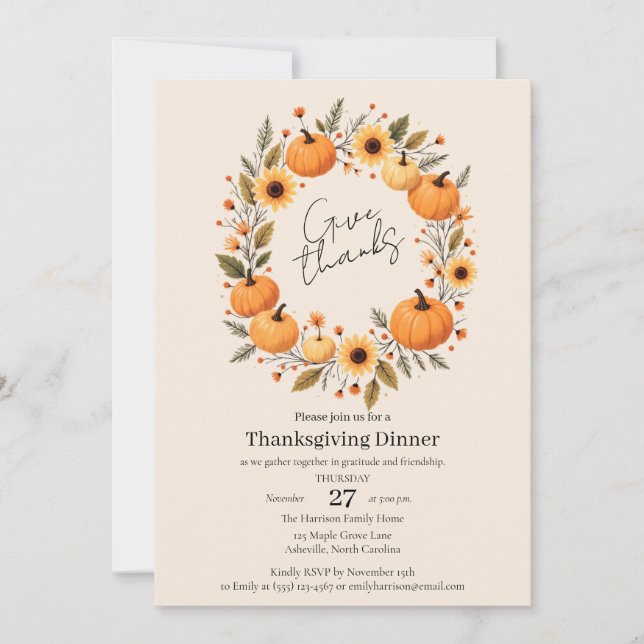 Give Thanks Autumn Wreath Thanksgiving Invitation (Devant)