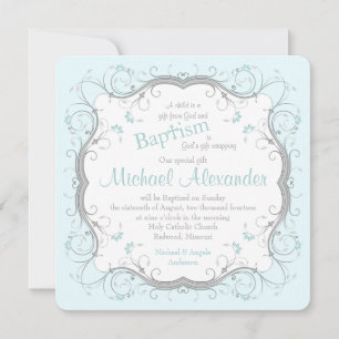 Glace Blue Grey Scroll Floral Baptism Invitation