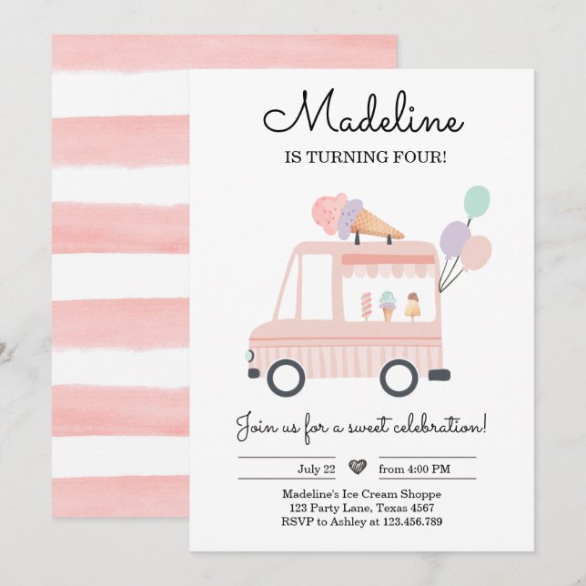 Glace Cream Truck anniversaire Invitation Ice Pink (Devant / Derrière)