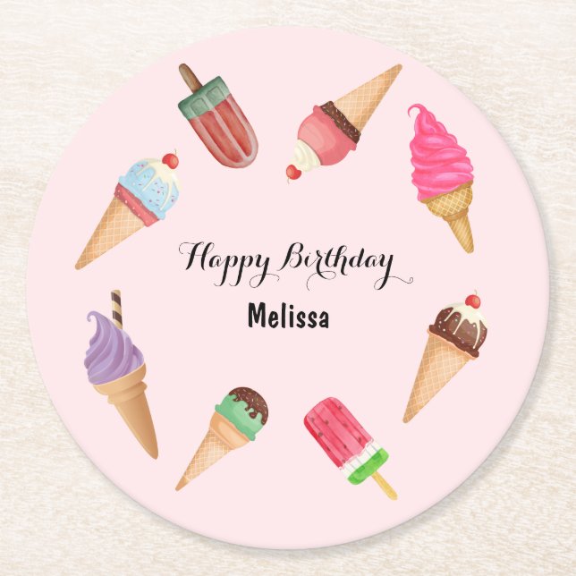 Glace Crème Popsicle Fête Rose Papier Sous-Verre (Devant)