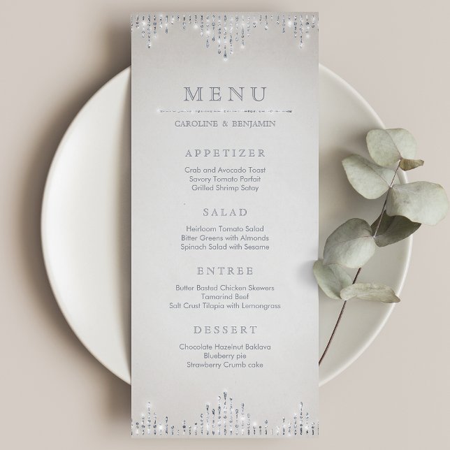Glam argent parties scintillant déco menu de maria (Glam silver glitter deco vintage wedding menu)