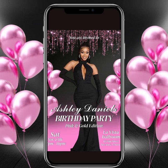 Glam Black and Pink Anniversaire Party Invitation (Créateur téléchargé)