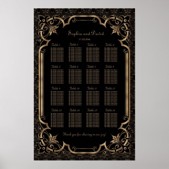 Glam Black Great Gatsby Art Déco 20s Seating Chart (Devant)