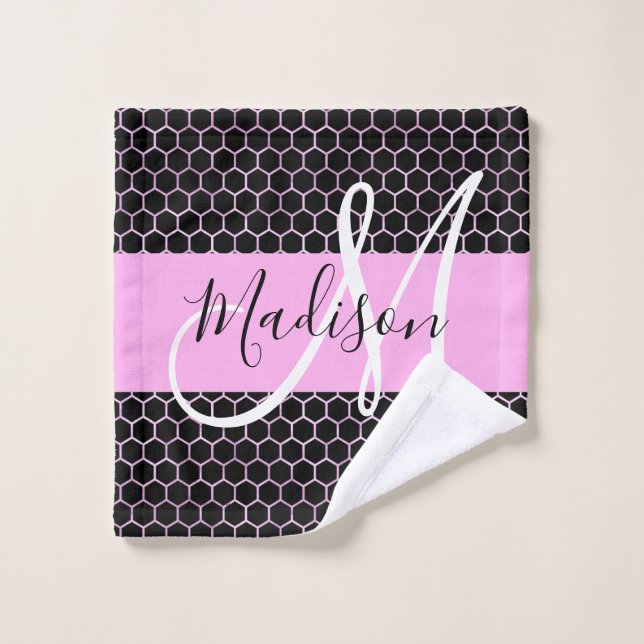 Glam Black Métallic Rose Nid d'Abeille Monogramme  (Gant de toilette)