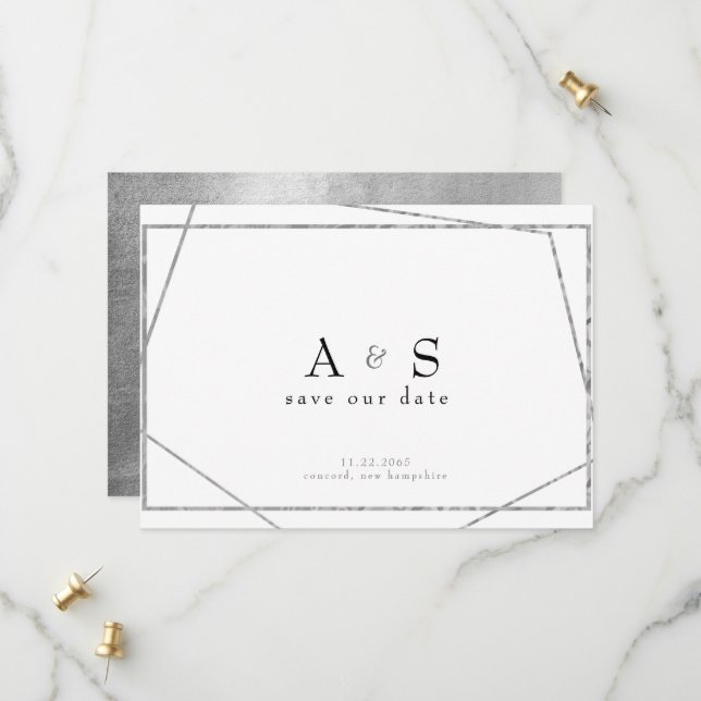 Glam Black & Metallic Silver Save the Date (Devant/Arrière en situation)