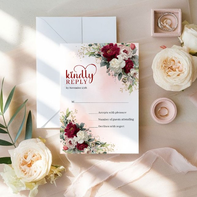 Glam Boho Rouge et Blanc Floral Or Mariage RSVP (Glam Boho Red and White Floral Gold Wedding RSVP)