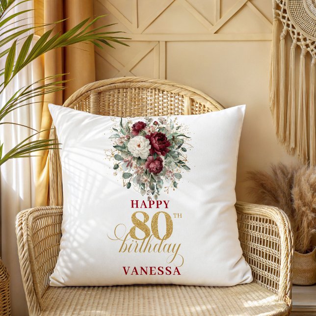 Glam Burgundy Blush 80e Anniversaire Coussin Perso (Glam Burgundy Blush 80th Birthday Custom Pillow)