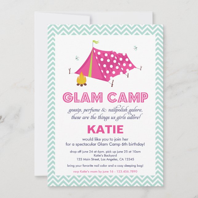 Glam Camp Makeover Girls Birthday Invitation Card (Devant)