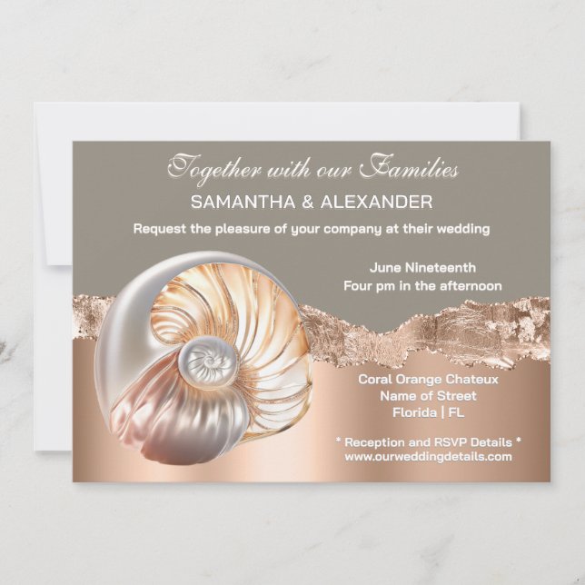 Glam Coastal Shell Beach Wedding Invitation (Devant)
