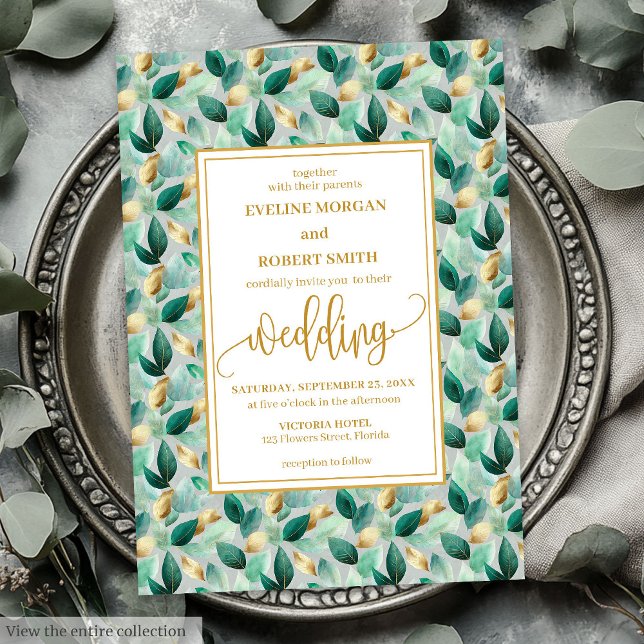 Glam Deep Green Gold Feuilles Faire-part de mariag (Glam Deep Green Gold Leaves Wedding Invitation)