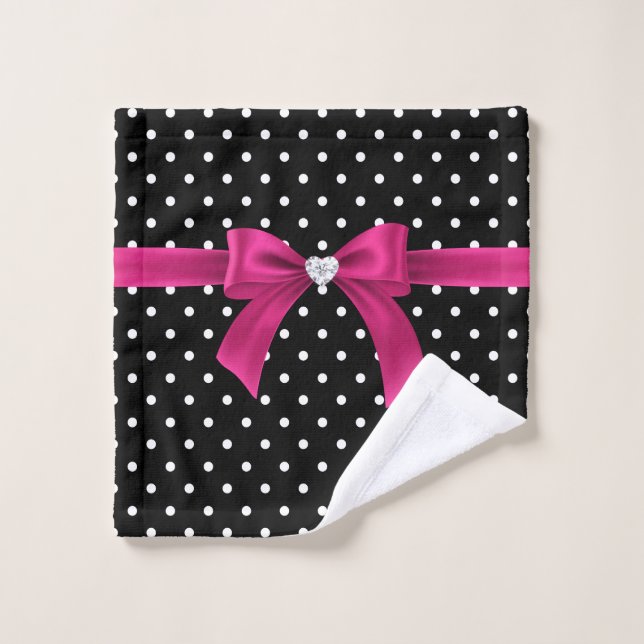 Glam Deep Rose Bow-Blanc Pois-Noir (Gant de toilette)