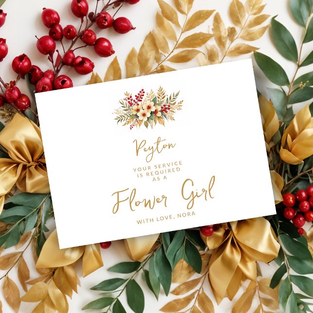 Glam Delicate Fleur Floral Or Fleur Girl (Delicate Glam Christmas Floral Bouquet in Faux Gold Flower Girl Wedding Proposals Cards. )