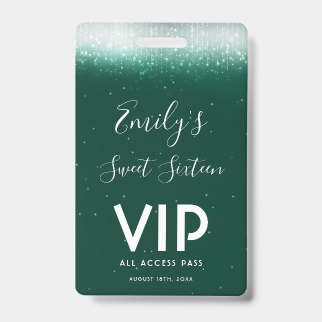 Glam Emerald Sweet 16 Invitation Carte VIP Badge (Avant)