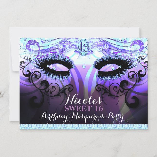 Glam Eyelashes Purple Masquerade Invitations (Devant)