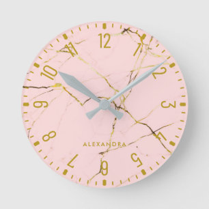 Glam Faux Rose Gold Look Marble Round Horloge