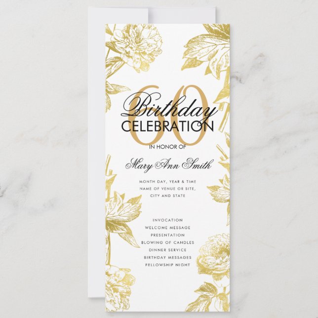 Glam Floral 60e Anniversaire Programme Gold Menu (Devant)