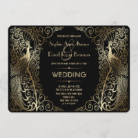 Glam Gold Art Deco Peacocks Faire-part de mariage