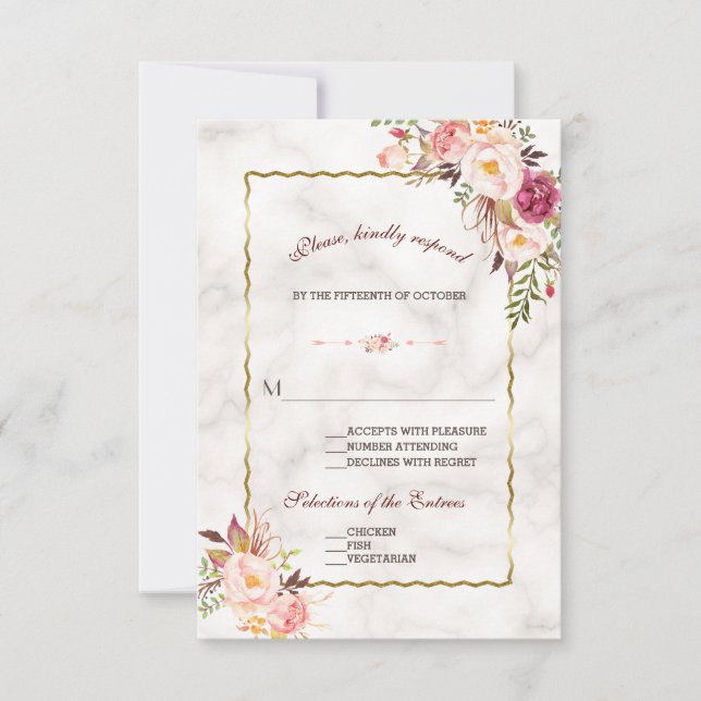 Glam Gold Blush rose Floral Marbre Mariage RSVP (Devant)