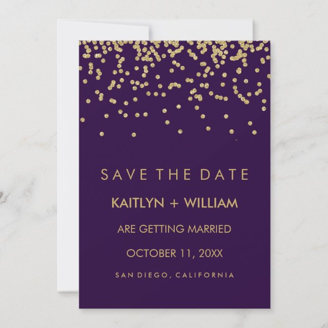 Glam Gold Confetti et Deep Purple Save the Date (Devant)