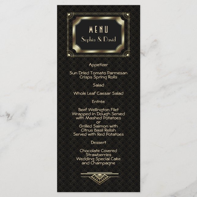 Glam Gold Great Gatsby Art Déco 20s Menu Mariage (Devant)