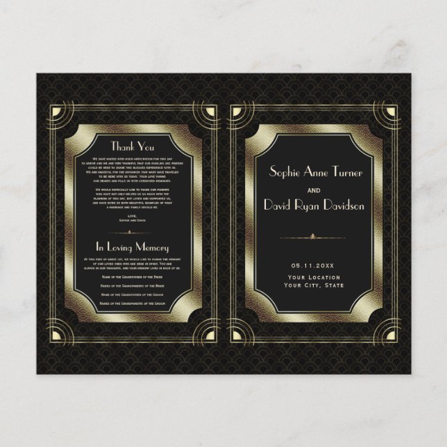 Glam Gold Great Gatsby Art Déco Wedding Programme (Devant)