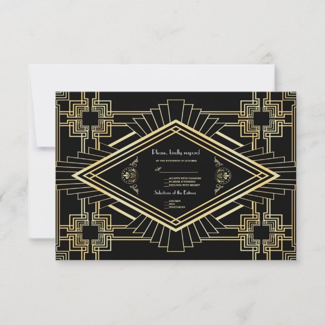 Glam Gold Noir Grand Gatsby Mariage RSVP (Devant)