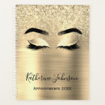 Glam Gold Parties scintillant Métal Beauté Salon L<br><div class="desc">Moderne, glam, étincelant cils faux or parties scintillant de maquillage métallique salon de beauté 2024 ou n'importe quel planificateur d'année. Doté d'une parties scintillant d'or brillant jaune feuille métallique brossée or brossé, cils, ocre, nom complet personnalisé et modèle de deuxième texte. Le nom est écrit avec un joli script de...</div>