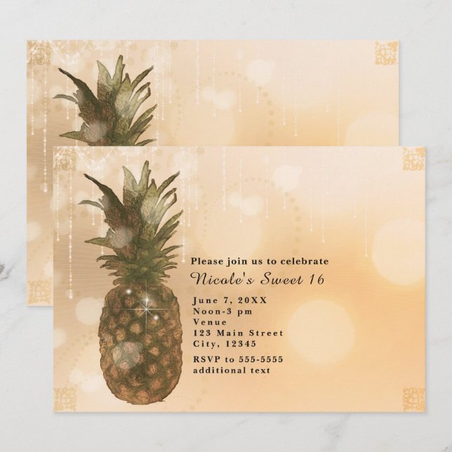 Glam Golden Pineapple Élégante Invitations tropica (Devant / Derrière)