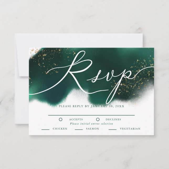 Glam Green Gold Wedding RSVP avec choix de repas (Devant)