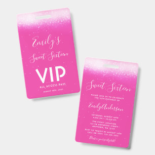 Glam Hot Pink Sweet 16 Invitation Carte VIP Badge