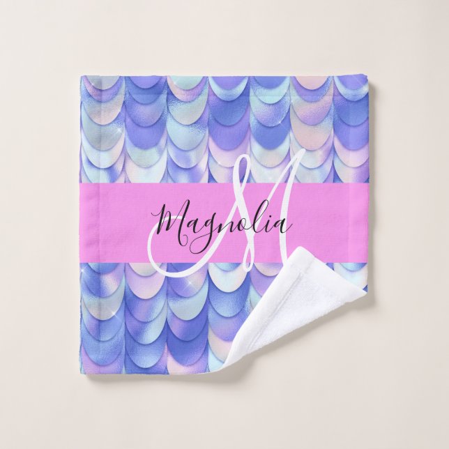 Glam Iridescent Écailles de Sirène Monogramme Bleu (Gant de toilette)