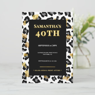 Glam Leopard 40th Birthday Invitation Gold Black