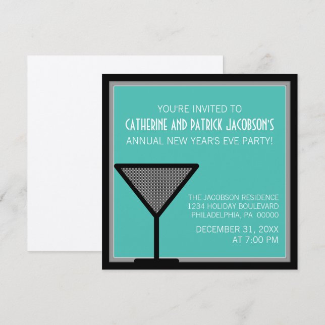 Glam Martini Invitation du Nouvel An, Turquoise (Devant / Derrière)