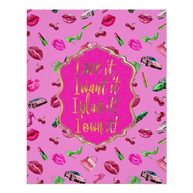 Glam Motif Pink and Green Quote Poster  (Devant)