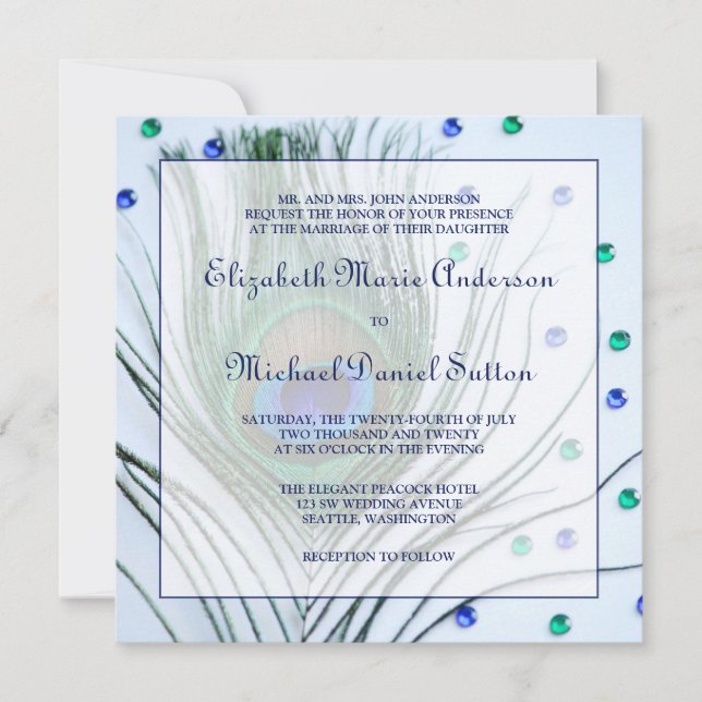 Glam Peacock Feather Blue Wedding Invitations (Devant)