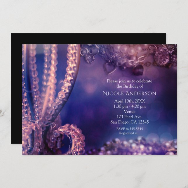 Glam Purple Glow Chic Glamor Pearls Invitation (Devant / Derrière)