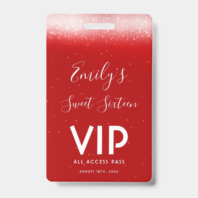 Glam Red Sweet 16 Invitation Carte VIP Badge (Avant)