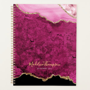 Glam Rose Magenta Velours Agate Géode Or Script