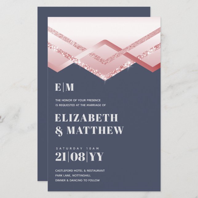 Glam Rosegold DECO Mariage Inviter Modern Chic (Devant / Derrière)