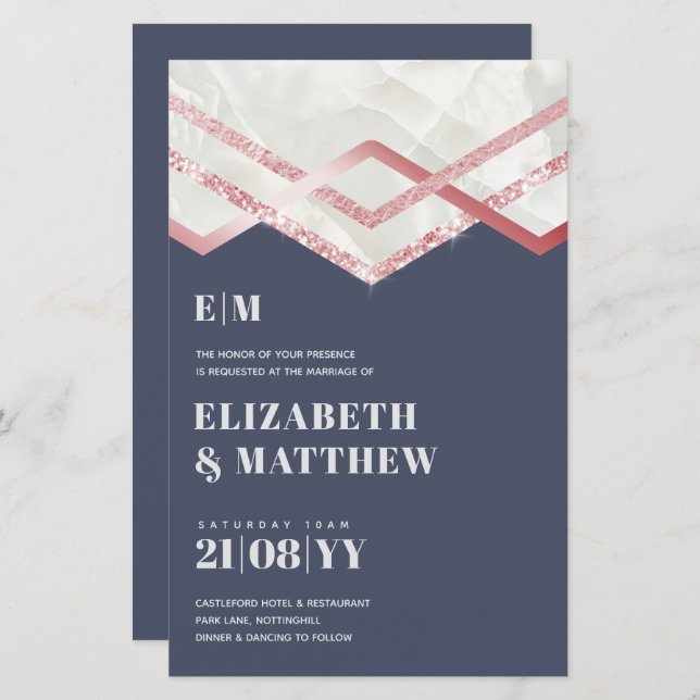 Glam Rosegold DECO Mariage Inviter Modern Chic (Devant / Derrière)