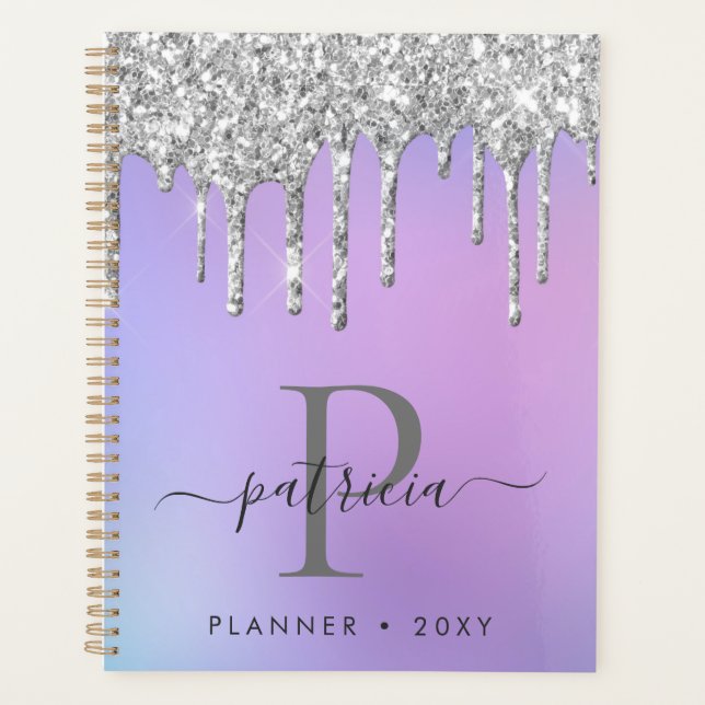 Glam Silver Paillettes Gouttes Élégant Monogramme  (Devant)